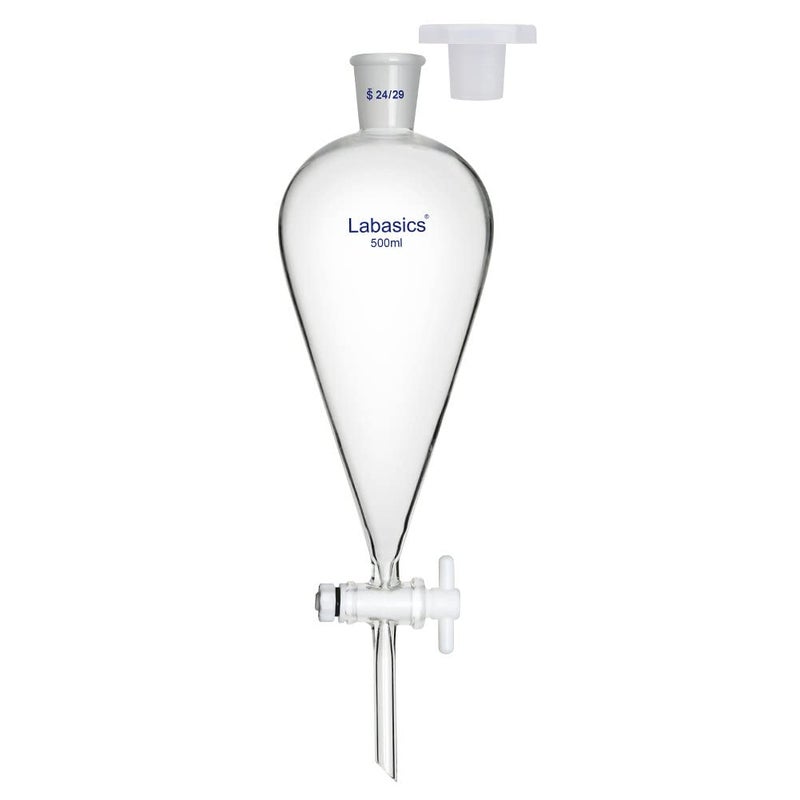 Labasics Conical Separatory Funnel, 500 ml Heavy Wall Borosilicate Glass Separating Funnel with 24/29 Joints and PTFE Stopcock - Image 1